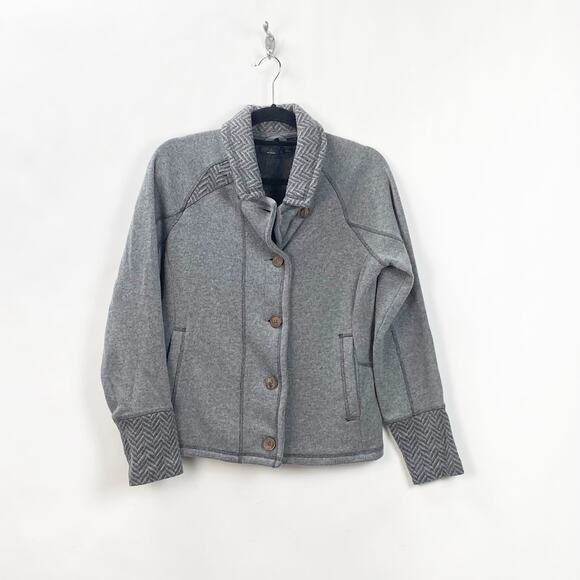 Prana Large Womens Gray Wool Blend Herringbone Button-front Sweater Jacket - Picture 1 of 6